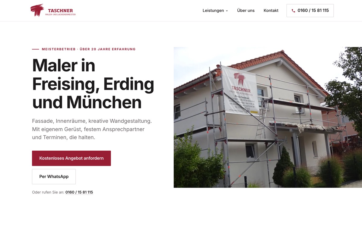 Malermeister Taschner: Website und Google Ads für einen Meisterbetrieb. Auf dem Telefon steht die Anfrage im ersten Bild.