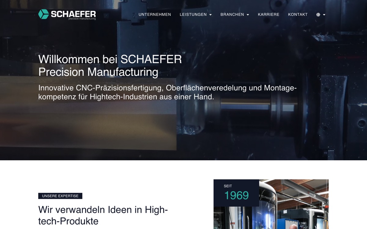 SCHAEFER Precision Manufacturing: Ein Fertiger für Hightech-Branchen, mit einer Website und Bildern, die zum Anspruch passen.