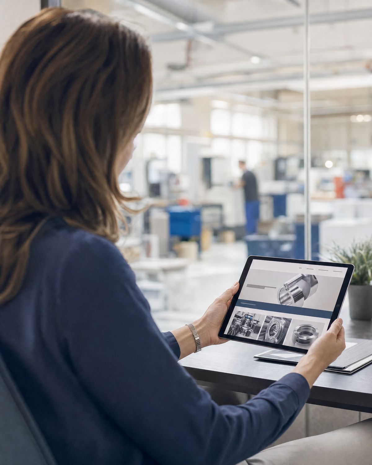 Eine Mitarbeiterin sieht sich die Website ihres Unternehmens auf dem Tablet an, im Hintergrund die Produktion