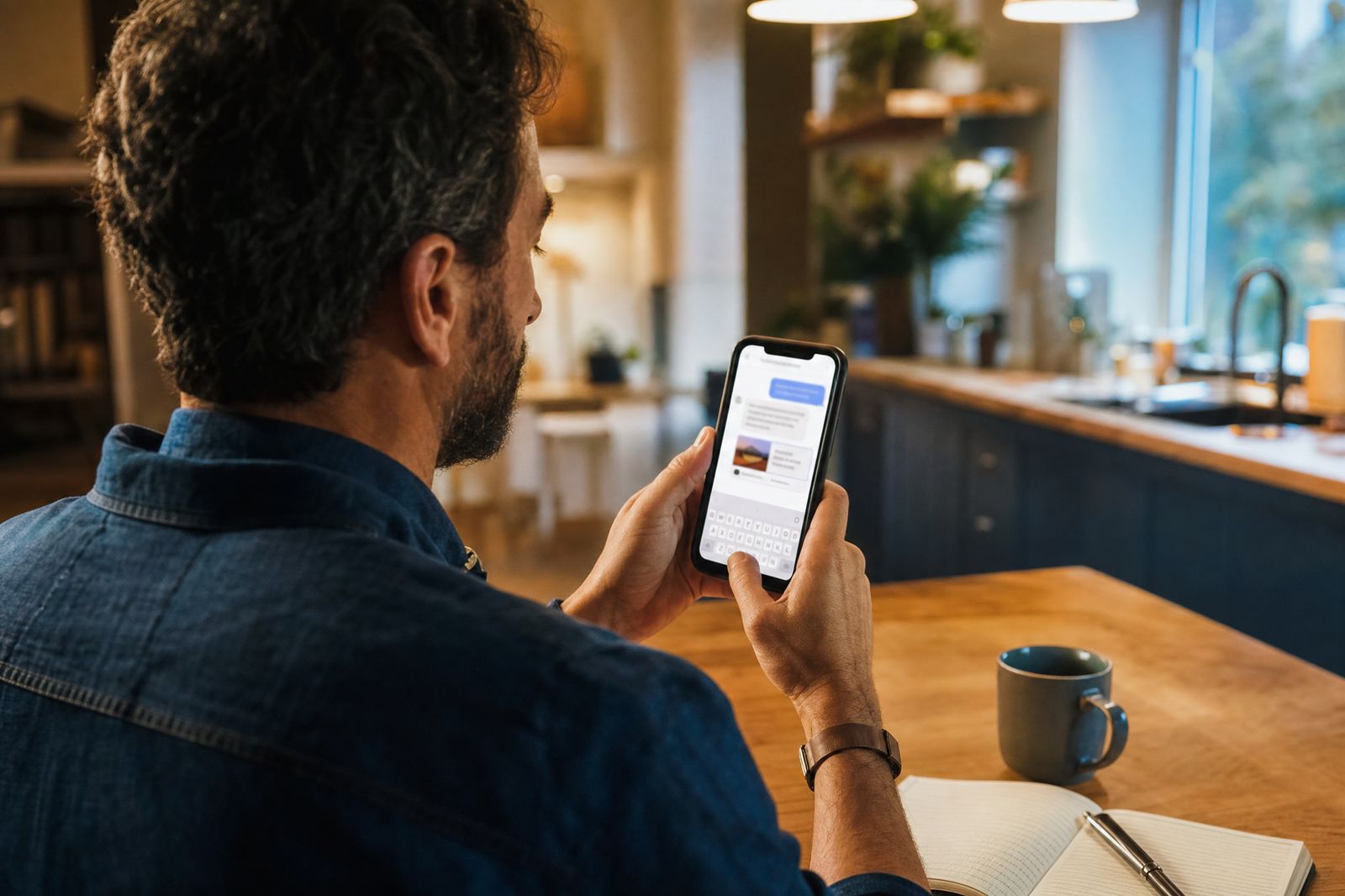 Ein Handwerksmeister stellt am Abend in der Küche einem KI-Assistenten auf dem Telefon eine Frage