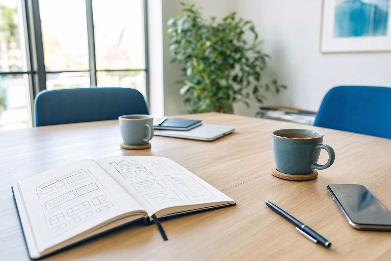 Besprechungstisch mit aufgeschlagenem Notizbuch, Skizzen einer Website und zwei Tassen Kaffee